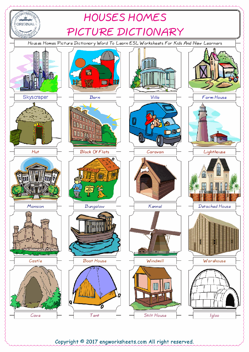  Houses Homes English Worksheet for Kids ESL Printable Picture Dictionary 